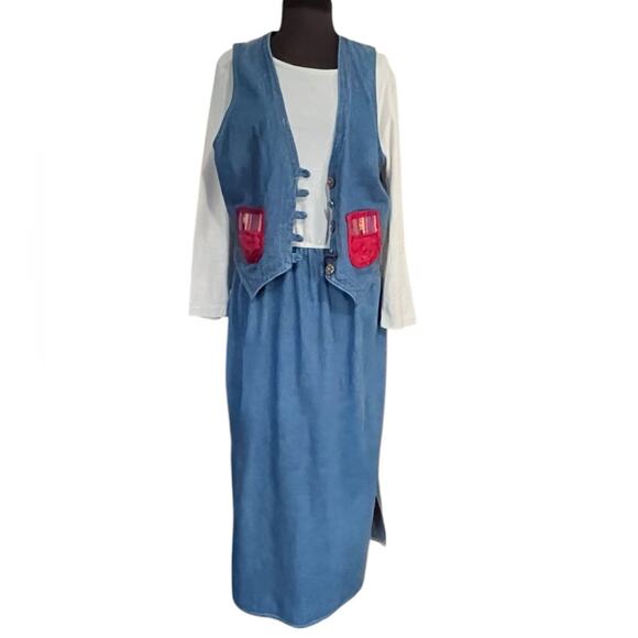 Vtg 90s Denim Vest Maxi Dress Boho Artsy Eclectic 16 Phoebe Buffay - Picture 1 of 7